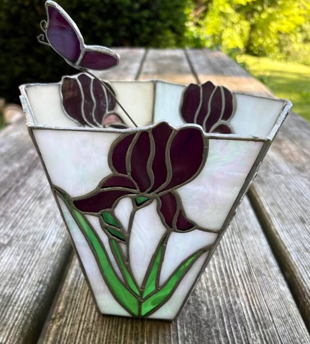 Hand-crafted Stained Glass Iris Flower Butterfly Vase